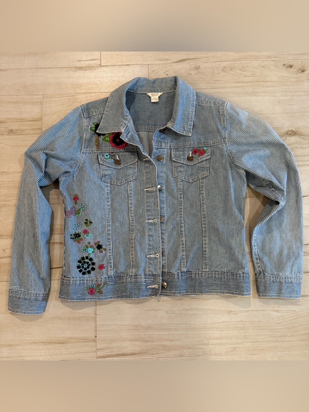 Cottagecore Embroidered Railroad Stripe Denim Jacket Floral Prairie Jacket Size - Picture 6 of 12